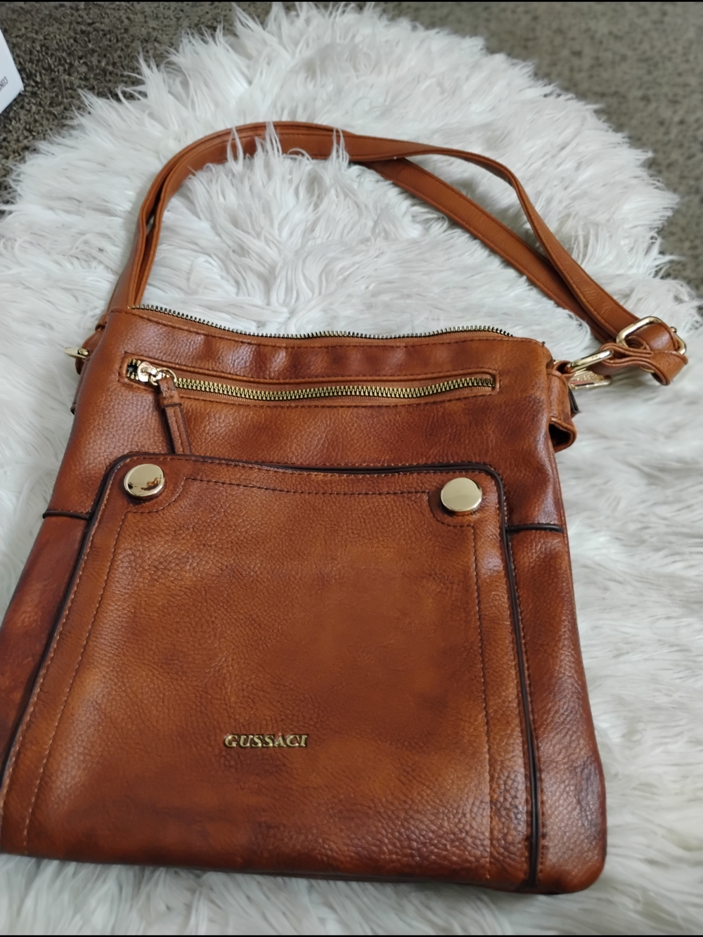 Gussaci Cognac Leather Crossbody Bag with Front Pocket